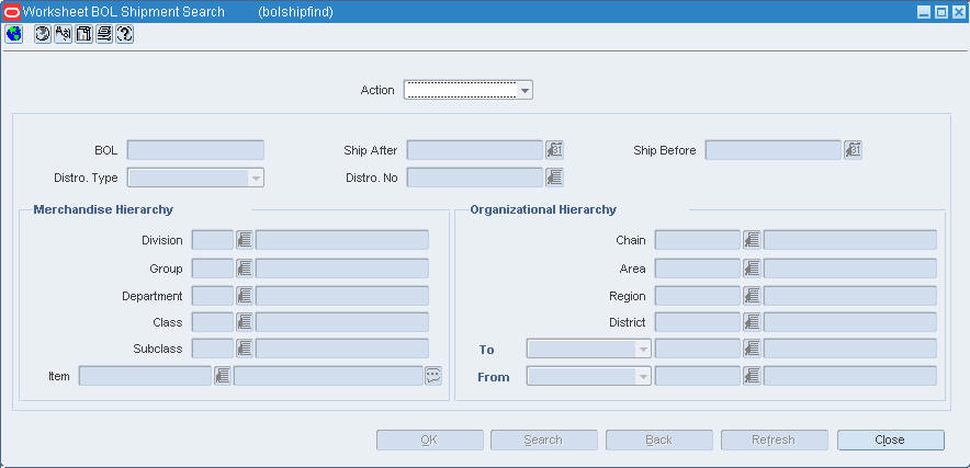 Worksheet BOL Shipment Search window
