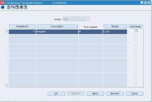 Cost Buildup Template Search Results window