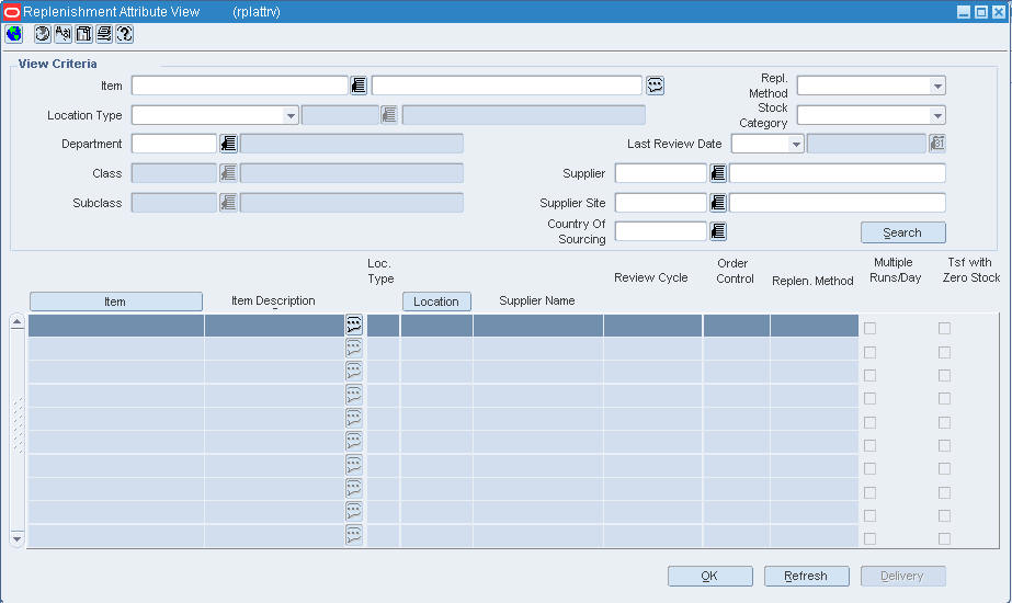 Replenishment Attribute View Window