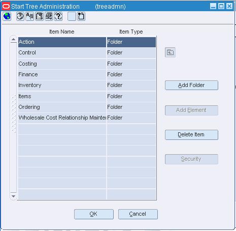 Oracle Retail Start Tree Administration Window