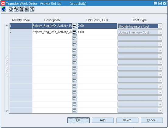 Transfer Work Order - Activity Set Up Window