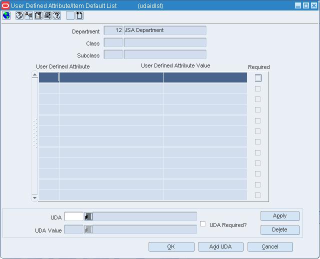 User Defined Attribute/Item Default List Window