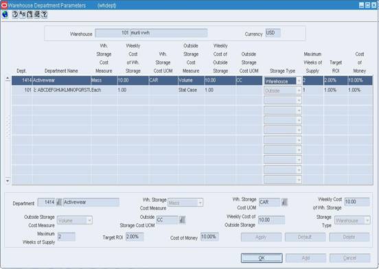 Warehouse Department Parameters Window
