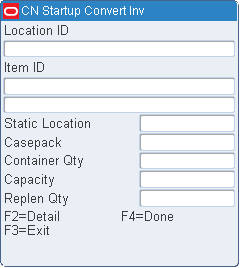 Startup Convert (Forward Case Picking) screen