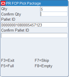 FCP Pick Package Confirm Quantity screen