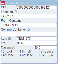 Container Pick (confirm from container) screen