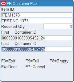 Container Pick (confirm from item ID) screen