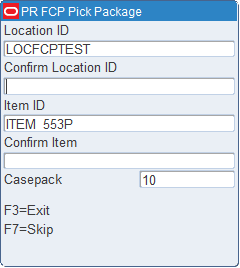 FCP Pick Package Confirm Location screen