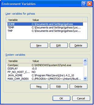 Environment Variables Dialog Box