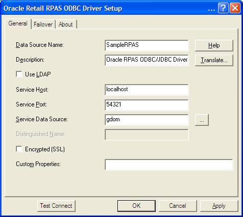 Oracle Retail RPAS ODBC Driver Setup Dialog Box