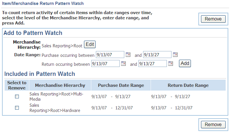 Item/Merchandise Return Pattern Watch screen