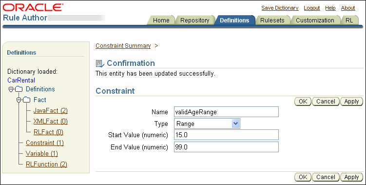 Rule Author Constraint Definition Page