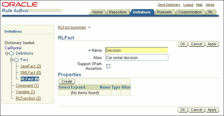 Rule Author Definitions Tab with RLFact Page