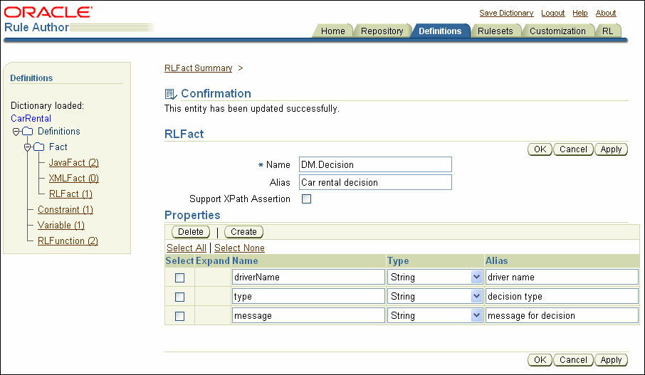 Rule Author Definitions Tab with RLFact Properties