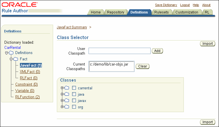 Rule Author JavaFact Class Selector Page