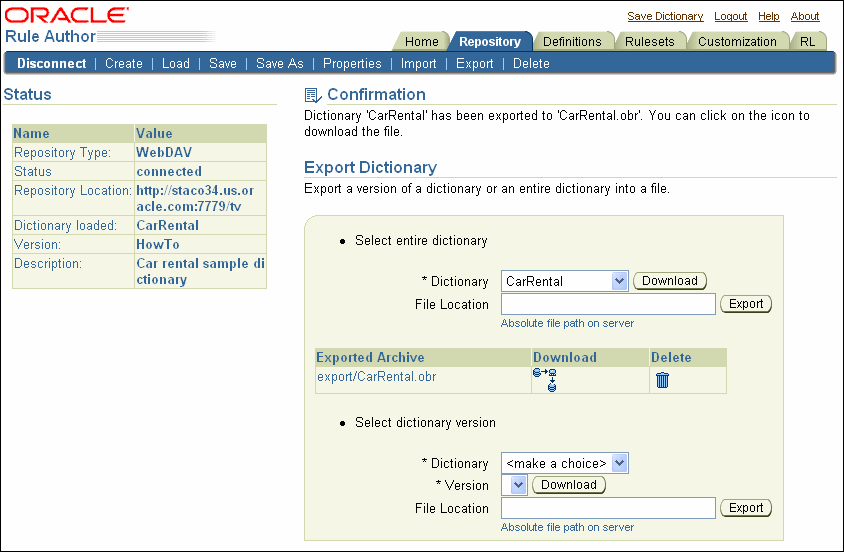 Export Dictionary Page with Download Option