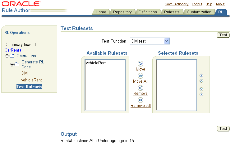 Rule Author Test Rulesets Page with Output