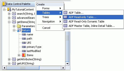 JDeveloper Context Menu for getItems