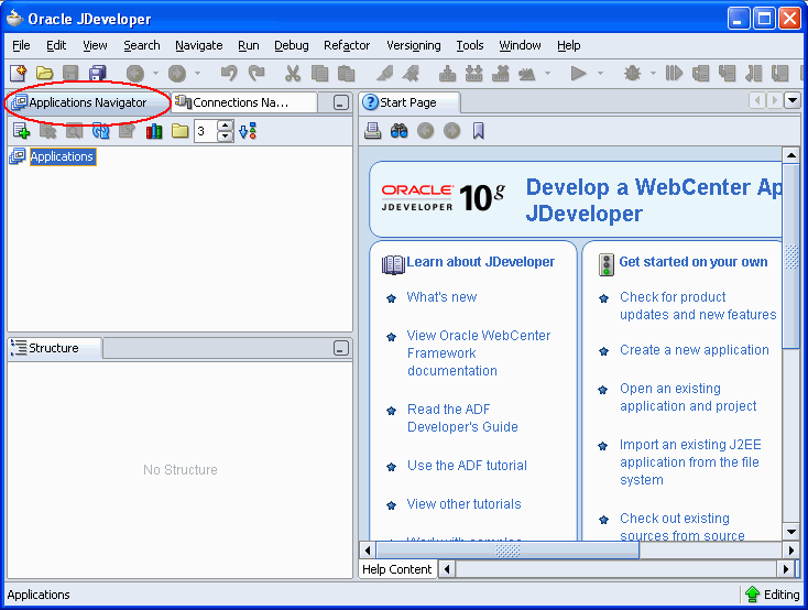 Applications Navigator in JDeveloper