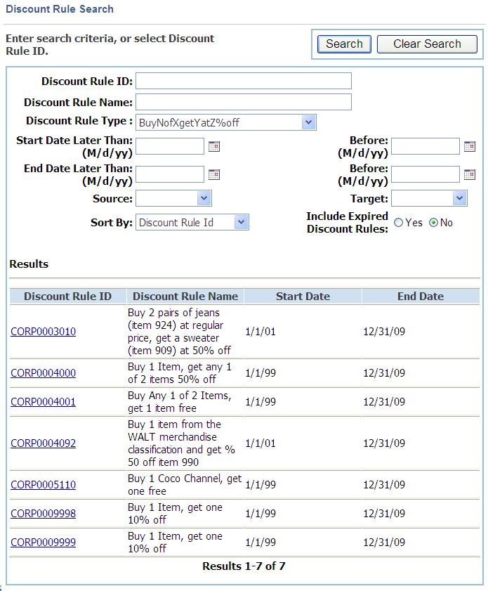 Discount Rule Search screen