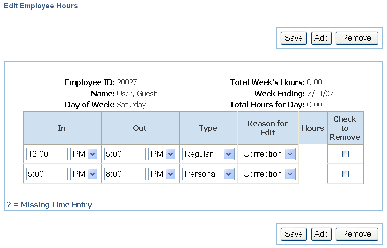 Edit Employee Hours screen