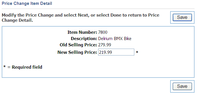 Price Change Item Detail screen