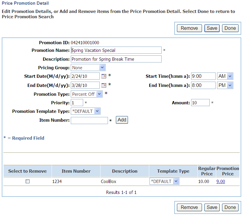 Price Promotion Detail screen