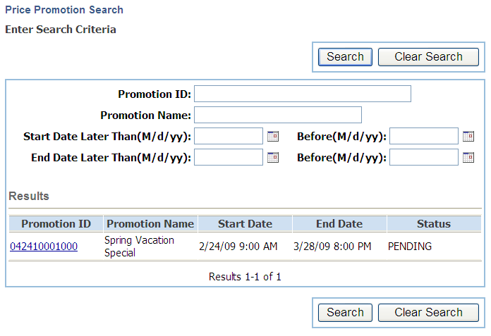 Price Promotion Search screen