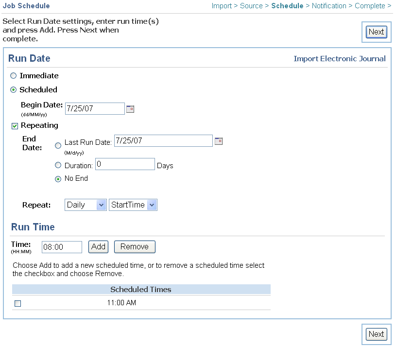 Job Schedule screen