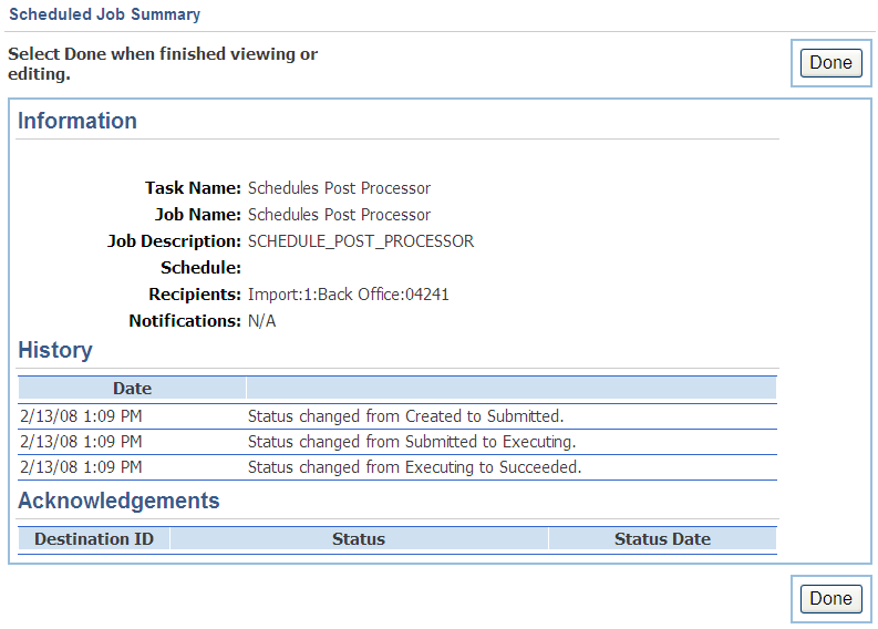 Scheduled Job Summary screen