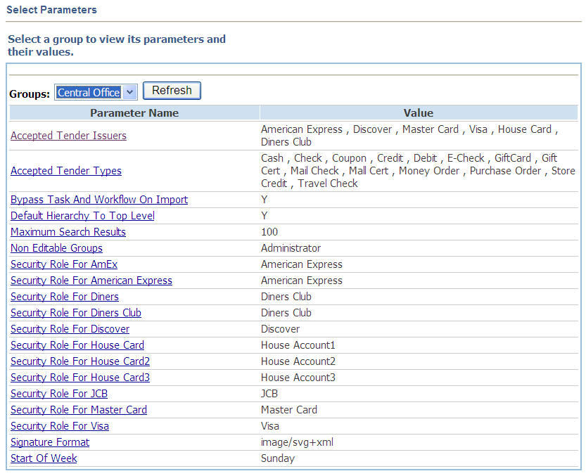 Select Parameters screen
