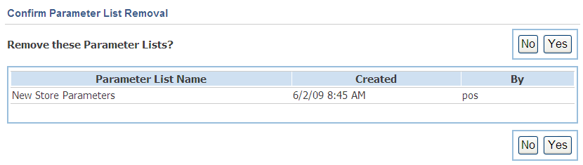 Confirm Remove Parameter List screen