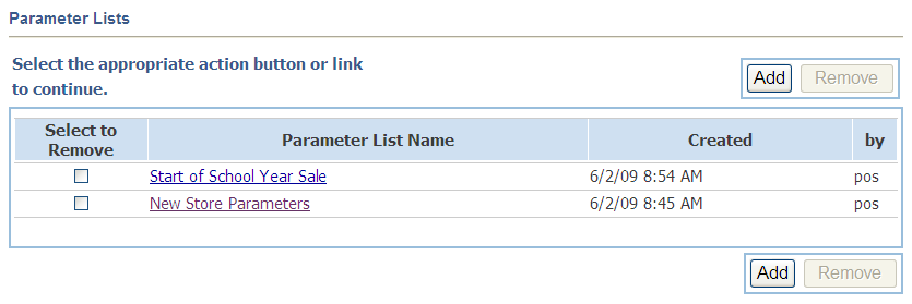 Parameter Lists screen