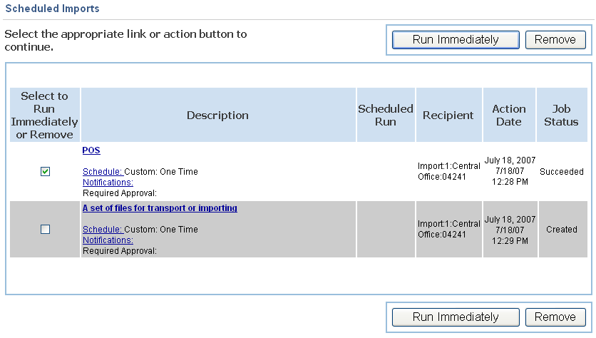 Scheduled Imports screen