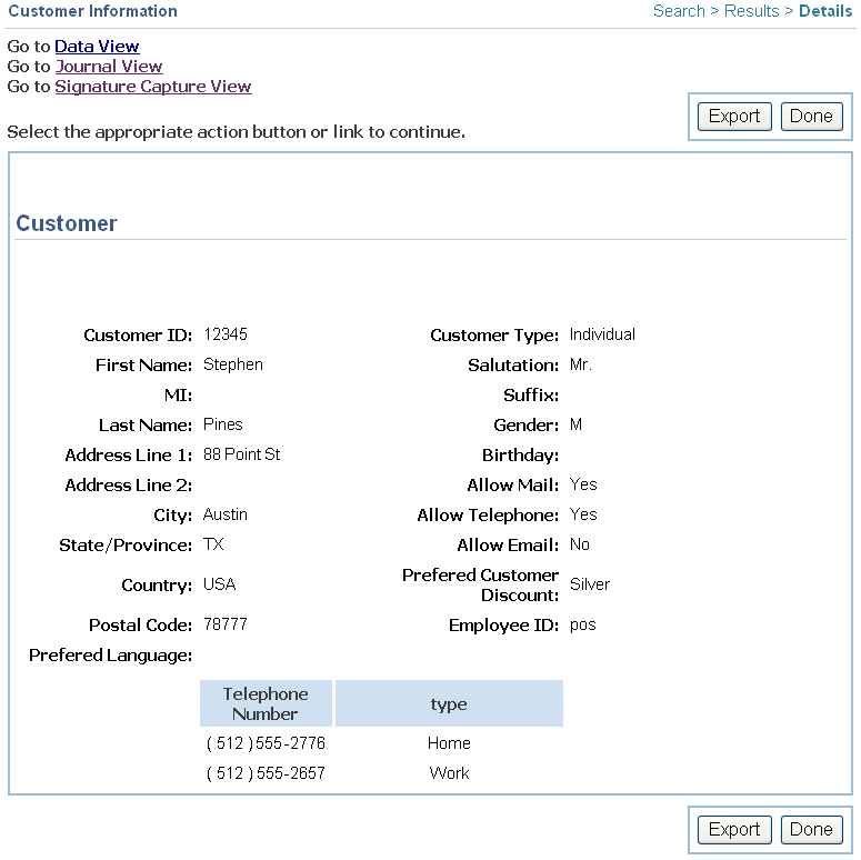 Customer Information screen