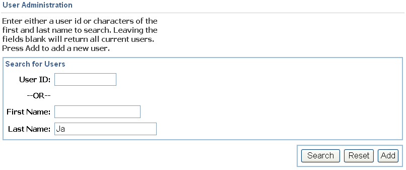 User Administration screen