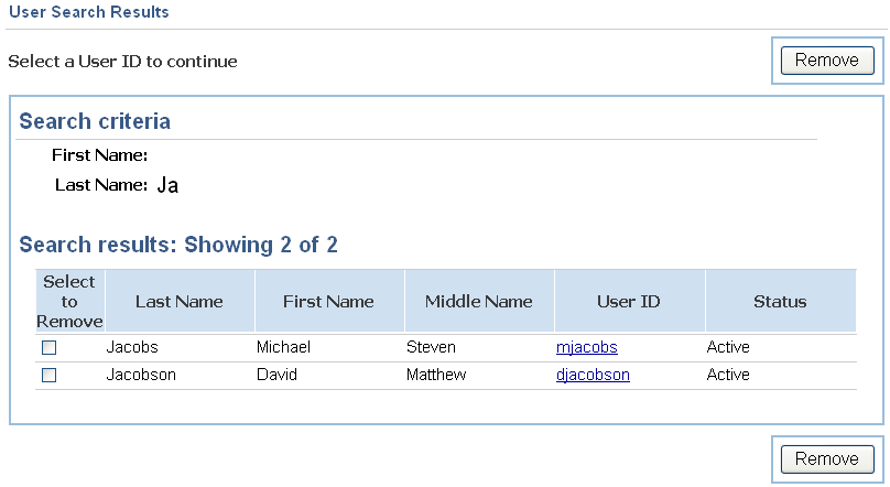 User Search Results screen