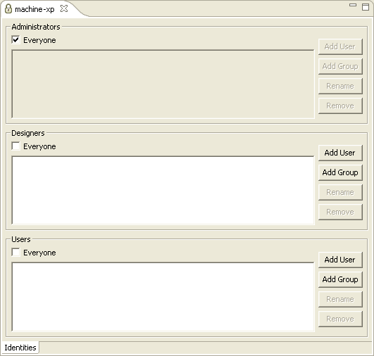 The Administration editor, used to change user permissions.