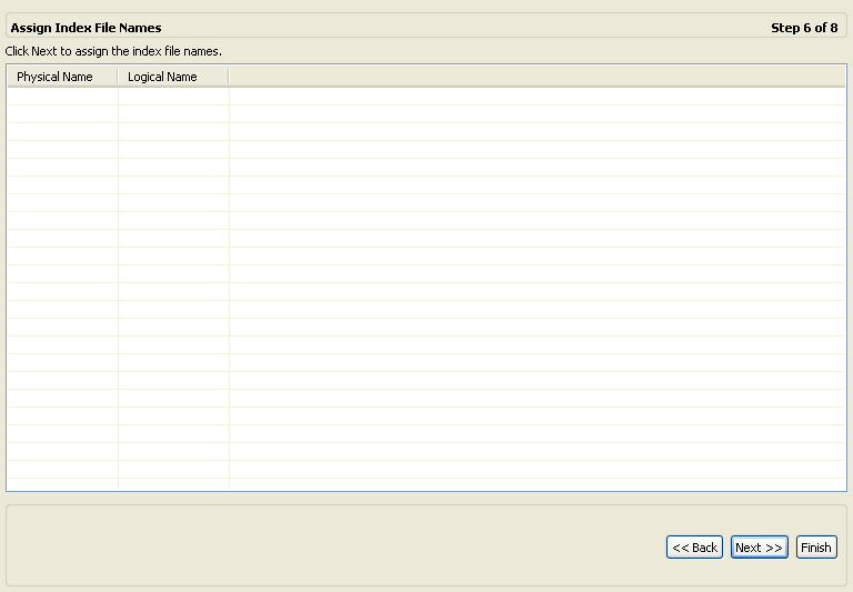 Assign Index File Names screen