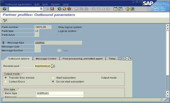 Partner profiles:Outbound parameters window