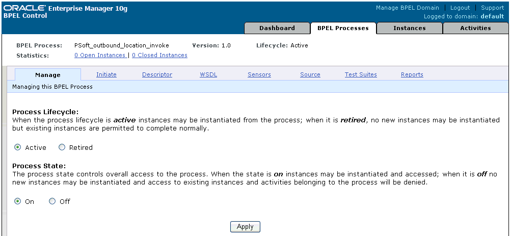 Oracle BPEL Console Manage tab