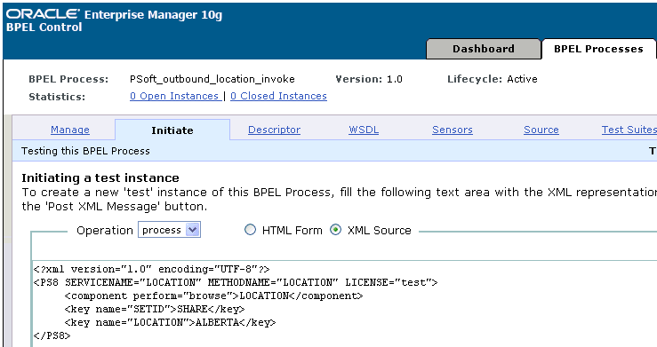 Oracle BPEL Console Initiate window
