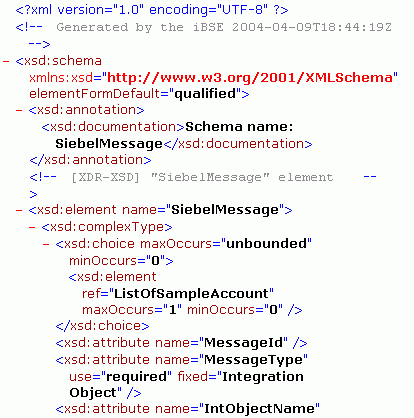 A schema generated for a Siebel Integration Object.