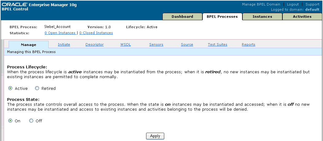 Oracle BPEL Console Manage tab
