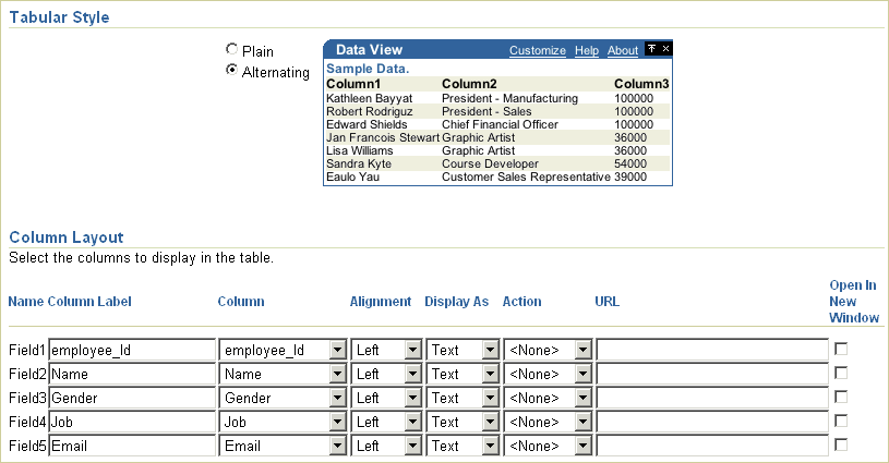 Shows Layout tab for Tabular style.