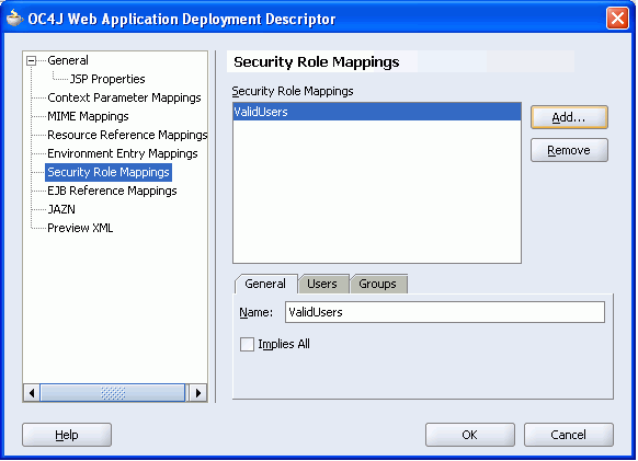 Security Role Mappings - ValidUser