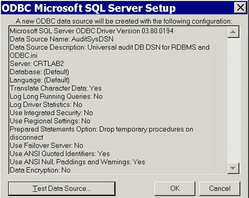 Image: settings for new ODBC data source definition