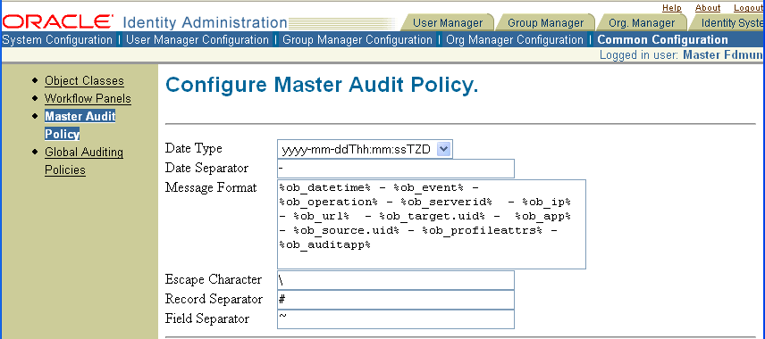 Image: modify Master Audit Policy page.