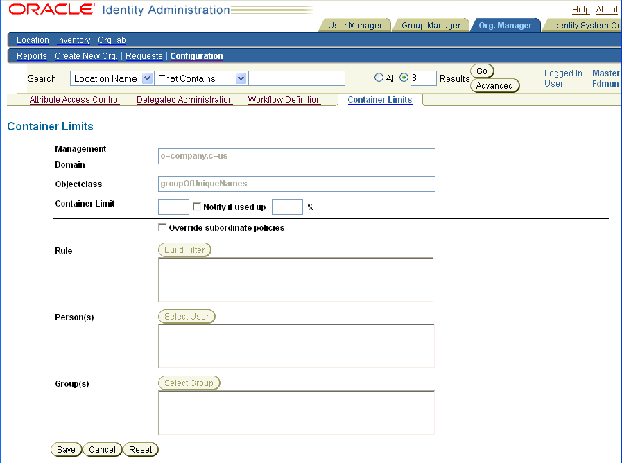 Container Limits page with selected limits.