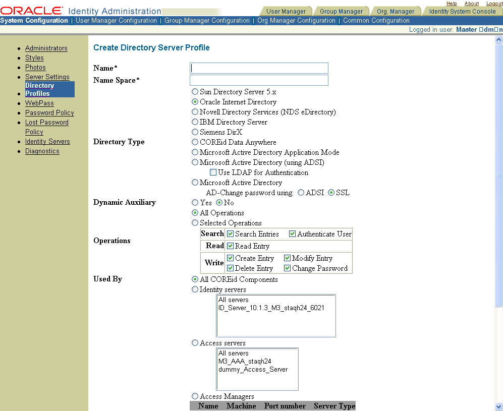 Image of Create Directory Server Profile page.